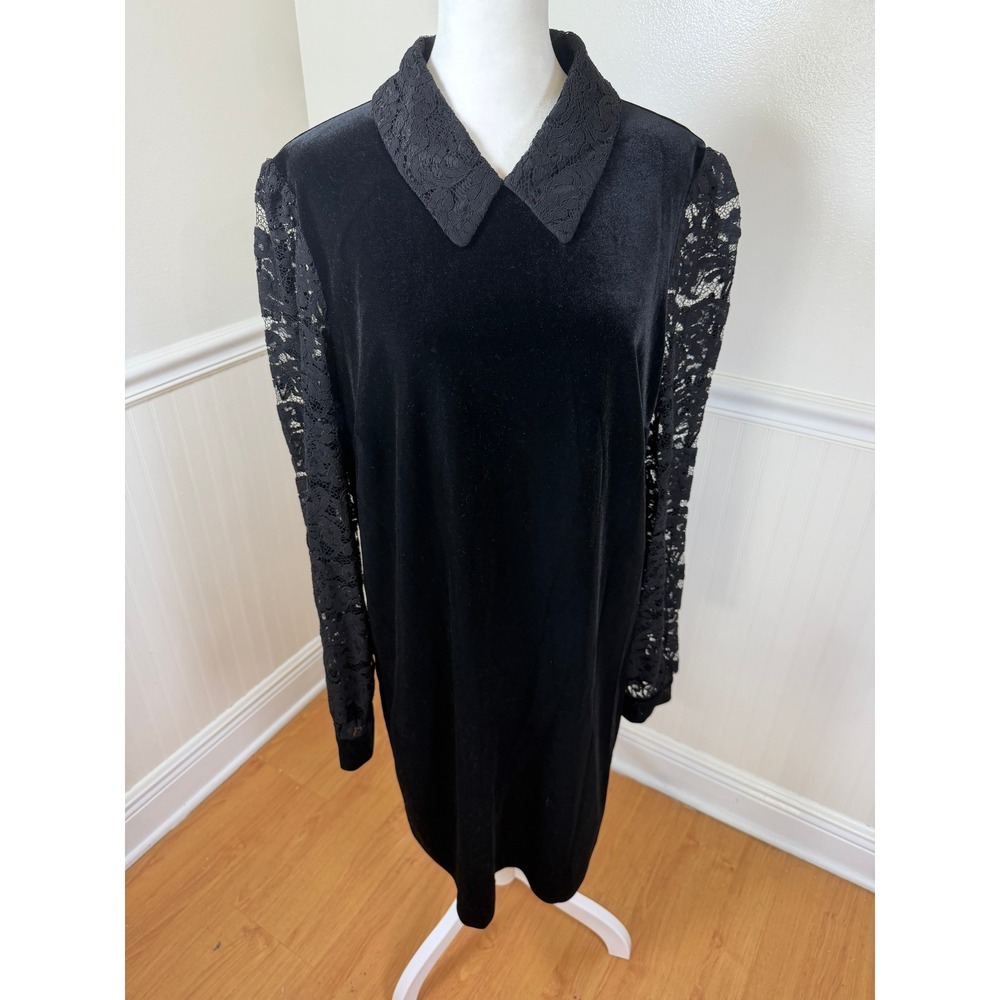 Draper James Velvet Lace‎ Sleeve Dress Womens 14 Black Shift Collared Holiday